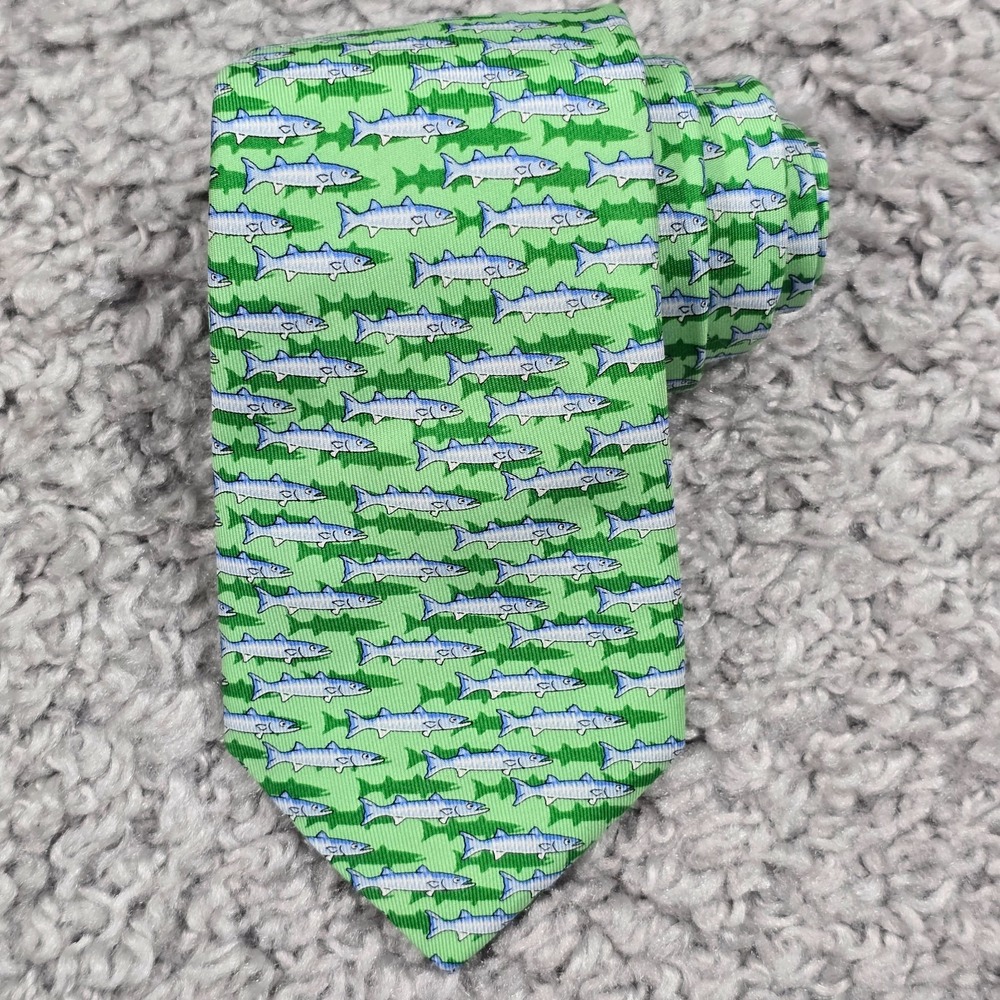 Vineyard Vines Barracuda Fish Tie Boys Green 100% Silk Nautical Preppy